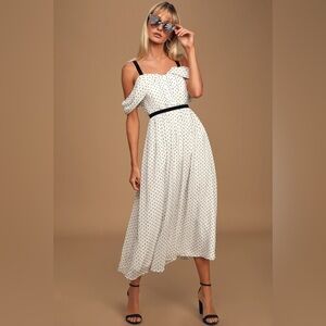 LULUS Love to Love Black & White Swiss Dot Cold-Shoulder Midi Dress  Size S